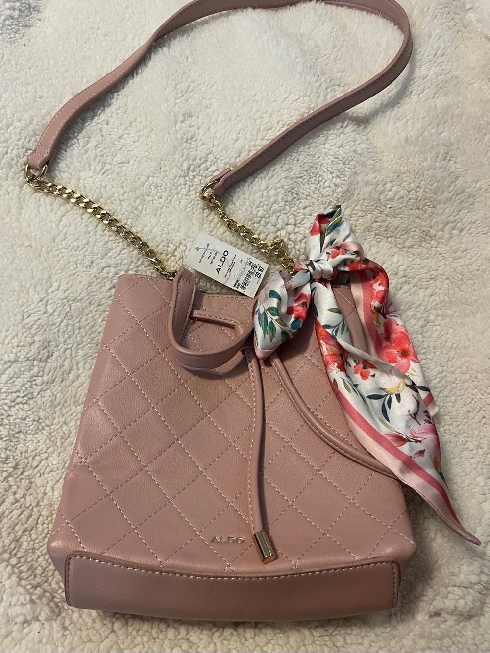 Aldo Blush Pink Quilted Shoulder Bag with Floral Scarf